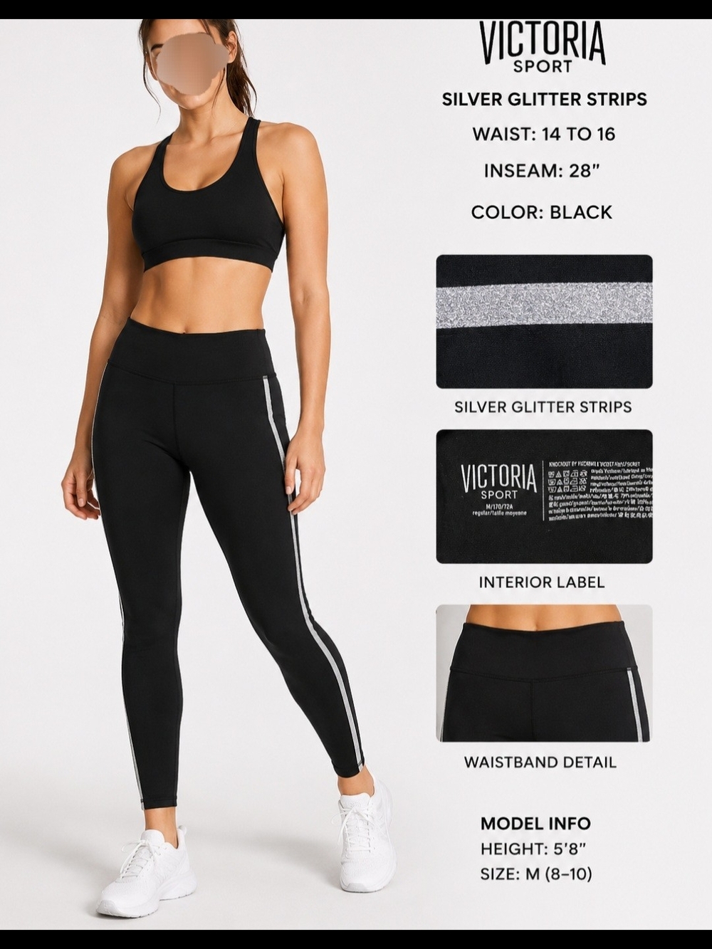 Victoria Sport Black Leggings with Silver Glitter Side Stripes